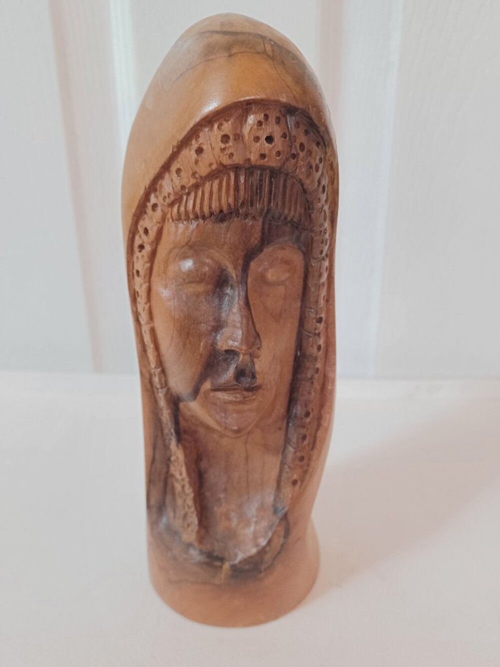 Vintage Olive Wood Madonna Bust-Hand Carved Virgin Mary Holy Land Statue 7 in